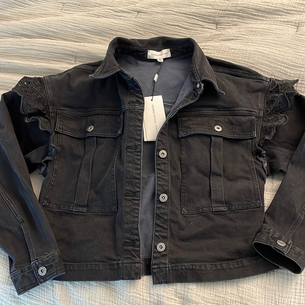 Something Navy Ruffle Puff Sleeve Jean Jacket